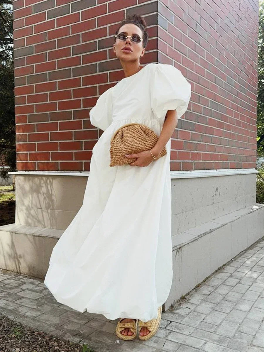Aiertu  -  100% Cotton Women's Oversized Bubble Sleeve Dresses Fashionable Ladies O-Neck Chic Short Sleeve Summer Loose Long Dress Aiertu