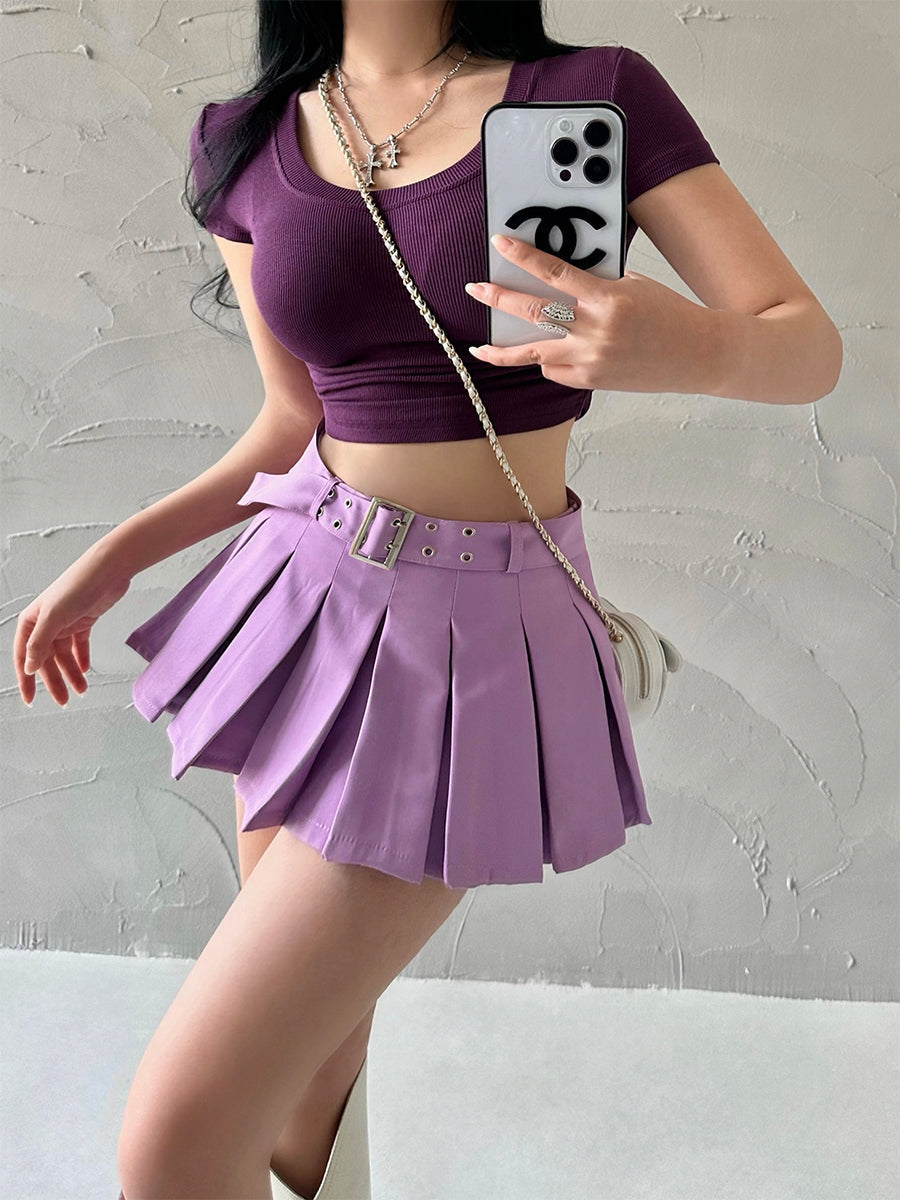 Aiertu Solid Color Pleated A-Line Low Waist Mini Skirt Aiertu