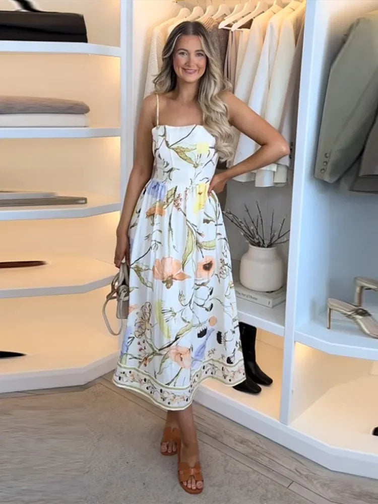 Aiertu  -  Elegant Printed Camisole Women's Long Dress V-neck A-line Slim Robe 2026 Summer Beach Vacation Style Female's Long Dresses Aiertu