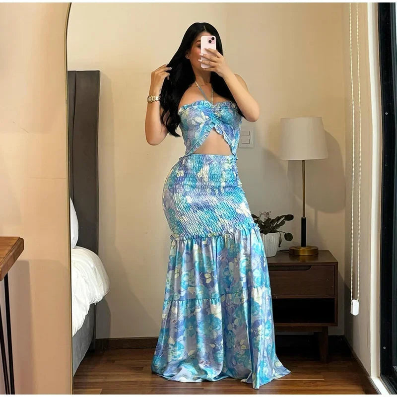 Aiertu  -  Chic  Hollow Out Printed Halter Long Dress Women Backless Off Shoulder Patchwork Ruffle Summer 2026 Dresses Party Vacation Robe Aiertu