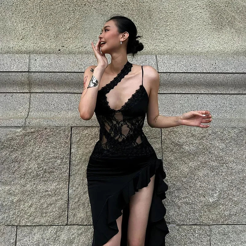Aiertu  -  Sexy Hollow Out Dress Women Sling Backless Irregular Ruffle Hem Split Dresses Female 2025 Spring Summer Lace Club Bar Lady Robe Aiertu