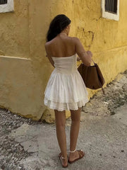 Aiertu  -  Lace Trim Patchwork White Dresses For Women New Strapless Sleeveless Tiered Mini Dress Summer Sweet Fashion Sexy A-line Vestidos Aiertu