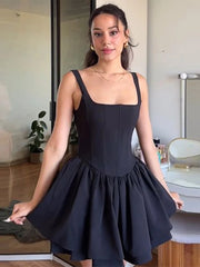 Aiertu  -  Elgant Sling Mini Dress Women Sexy Slim Square Neck Puffy Robe Female 2024 Fashion Solid Sleeveless A Line Party Dresses Lady Aiertu