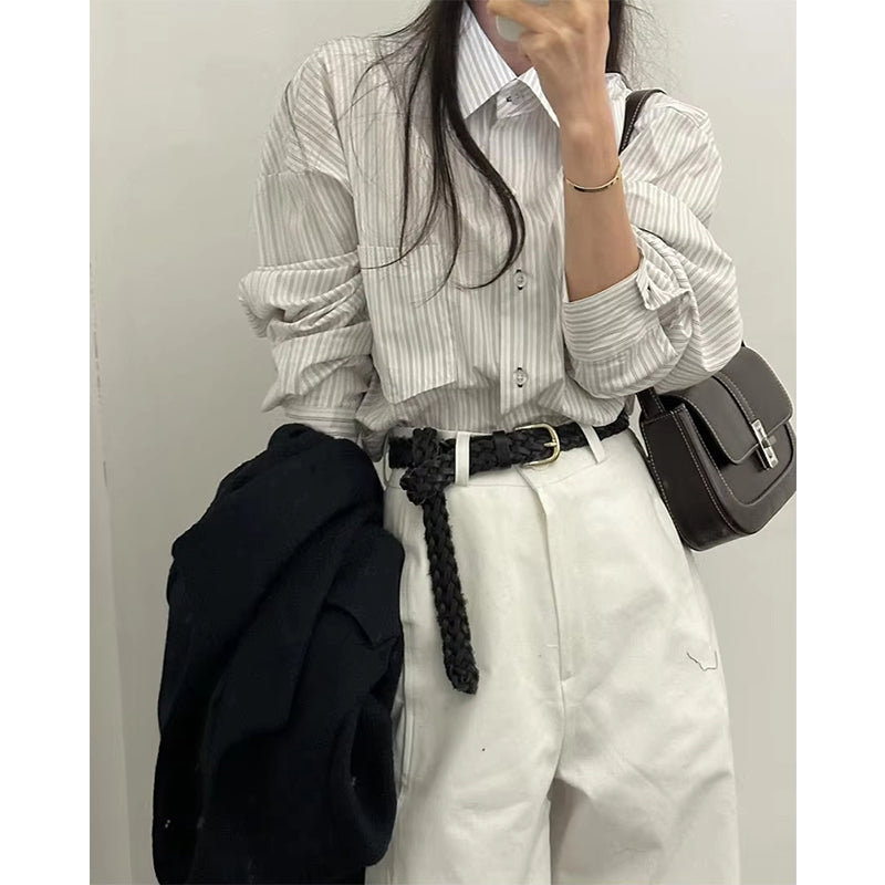 Aiertu Elegant Striped Shirts Women Vintage Long Sleeve Pocket Blouses Spring Ladies Korean Single Breasted Design Casual Tops Aiertu