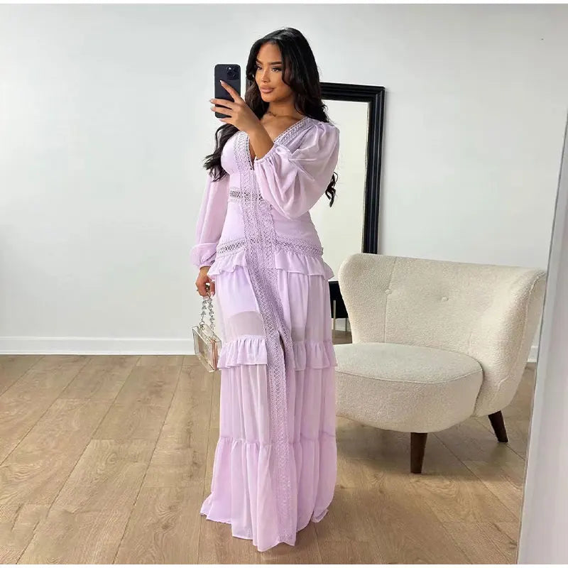 Aiertu  -  Elegant Hollow Lace Patchwork Ruffle Long Dress For Women Sexy Deep V-neck Lantern Sleeves Slim Maxi Dresses Female Party Robes Aiertu