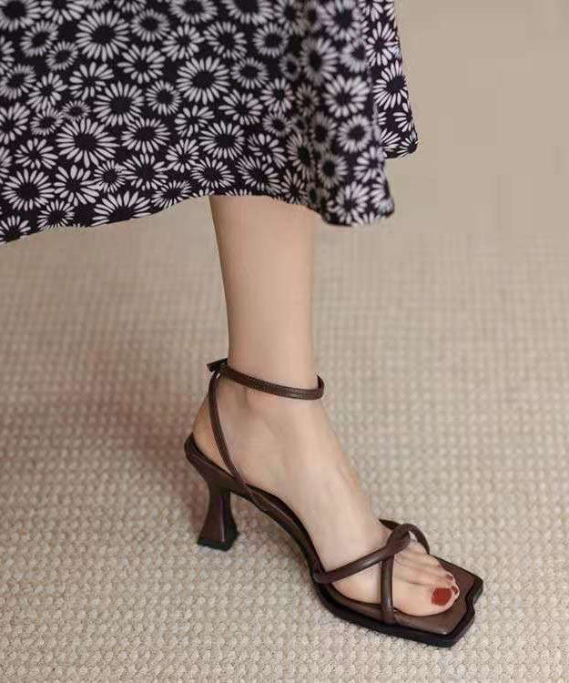 Aiertu  Brown Genuine Leather Stylish Buckle Strap Splicing Sandals Peep Toe Aiertu