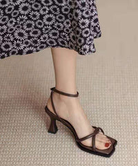 Aiertu  Brown Genuine Leather Stylish Buckle Strap Splicing Sandals Peep Toe Aiertu