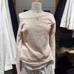 Aiertu  -  Hem Pink Striped Long Sleeve T-shirt Women Spring New Slash Neck Cotton Chic Tee Shirts Sweet Preppy Style Basic Tops Y2k Aiertu