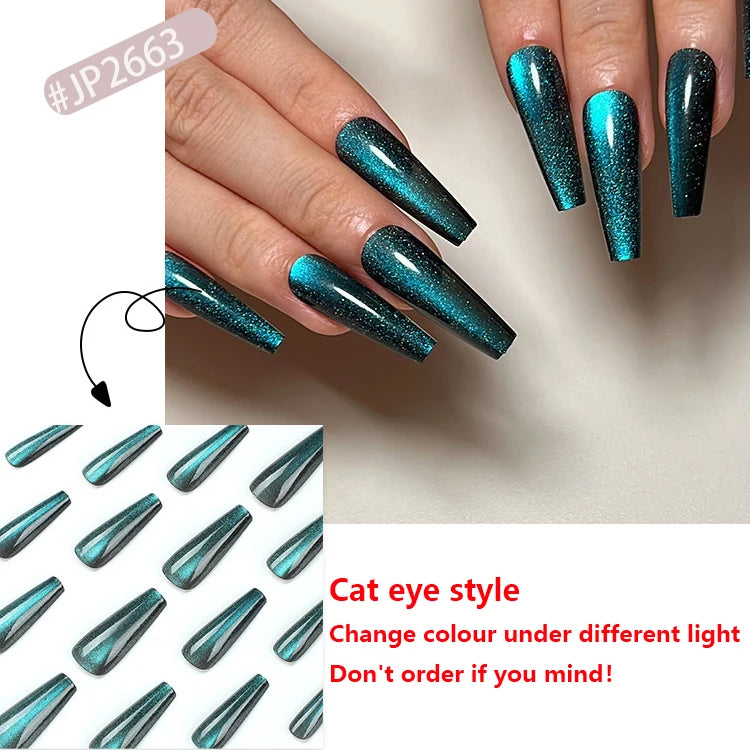 Aiertu Cat Eye Long Ballet Fake Nail Glitter Powder Raspberry Purple Blue Wearable Full Cover Finished False Art Nail Tip Press on Nail Aiertu