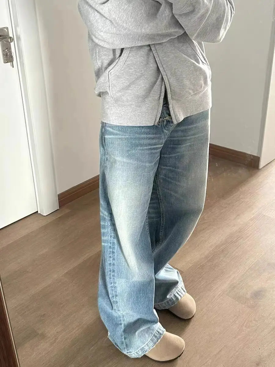 Aiertu  -  Y2K Fashion Blue Simple Multi-button Design Casual Jeans Retro Washed Loose Harajuku Street High Waist Straight Wide Leg Jeans Aiertu
