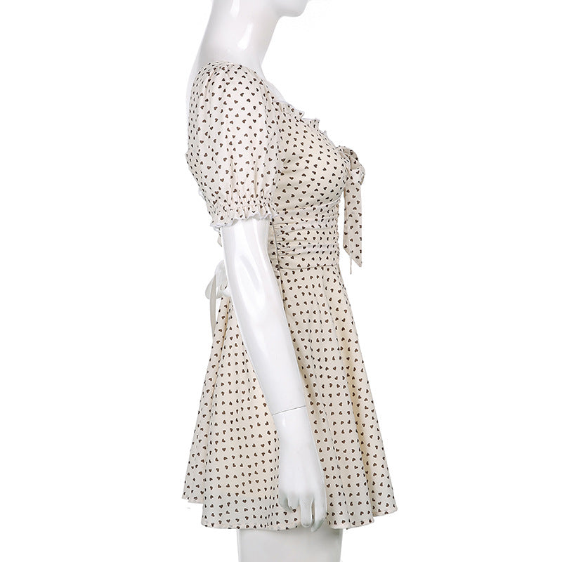 Aiertu - Tie Strap Heart Puff Sleeve Mini Dress Aiertu