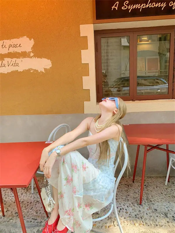 Aiertu  -  Summer Women Long Dress Sleeveless Patchwork Floral Gingham Spaghetti Strap Elegant Slim Maxi Dress Casual Vacation Beachwear Aiertu