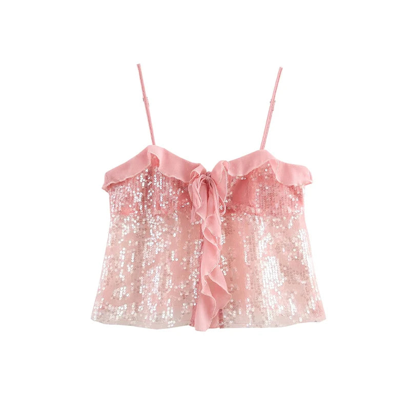 Aiertu  -  Fashion Sequin See-through Top Women Sling Sleeveless Backless Ruffle Ribbon Tops Female 2025 Spring Summer Chic Solid Lady Tank Aiertu
