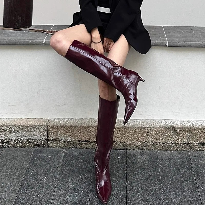 Aiertu    -  Burgundy Patent Leather High-Top Long Boots For Women Wine Red Pointed Toe Slip On Botas Largas De Mujer Kitten Low Heels Mature Aiertu