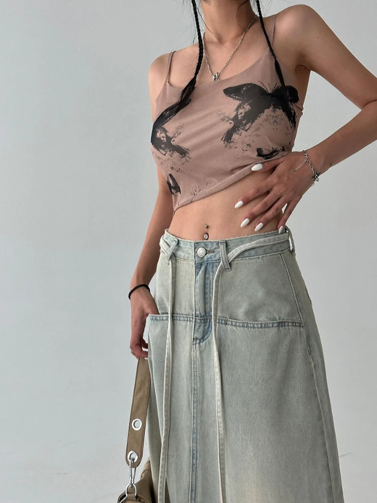 Aiertu  -  Streetwear Denim Long Skirt Women Summer Korean Fashion Y2k Split Design Vintage Skirts Sexy Patchwork Chic High Waist Aiertu