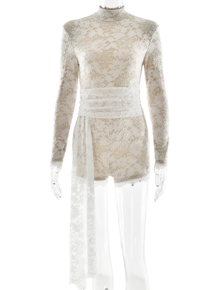 Aiertu  -  Temperament Long Sleeved Lace Patchwork Playsuit Women Fashion Round Neck Lace Up Tight Jumpsuit Summer New Rompers 2026 Aiertu