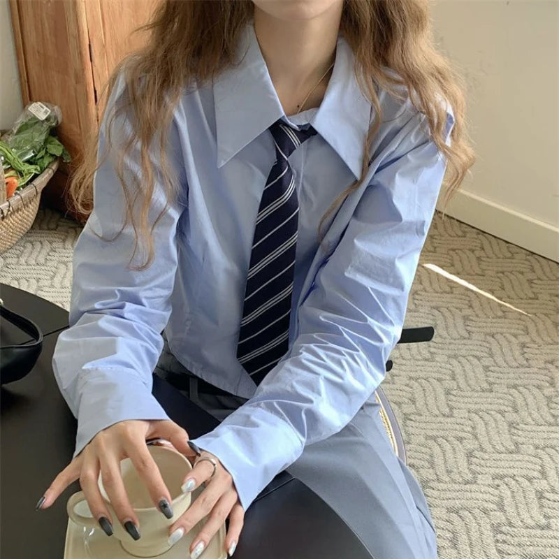 Aiertu Preppy White Crop Shirts Women Korean Fashion Jk Tie Long Sleeve Blouse Student College Retro Solid Slim All Match Tops Aiertu