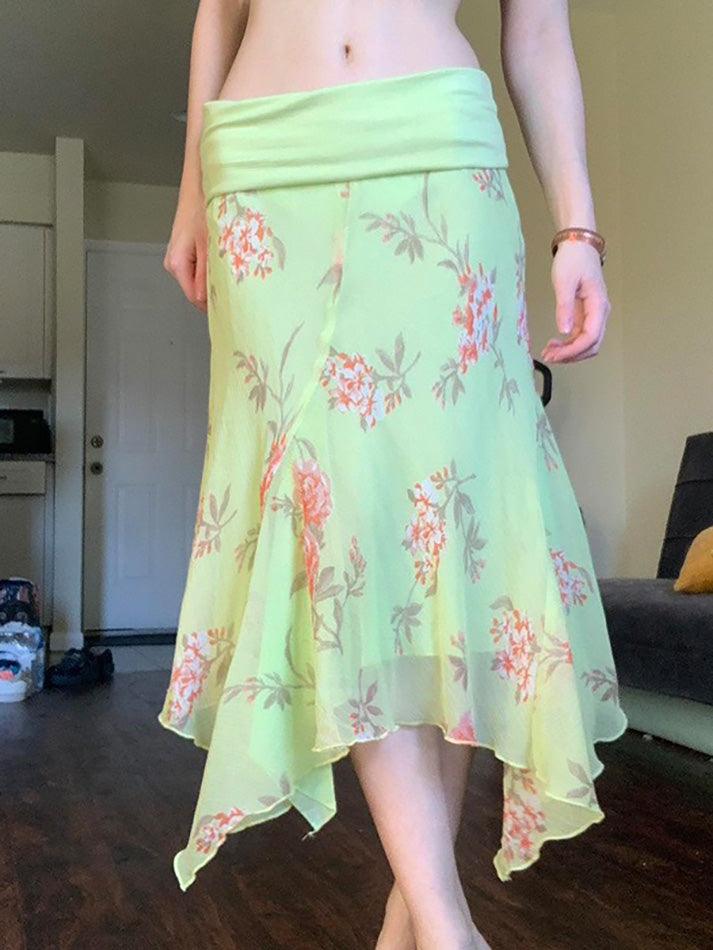 Aiertu  -Foldover Floral Printed Mesh Double Midi Skirt aiertu