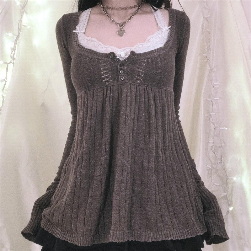 Aiertu  -  Women Vintage Solid Sweater Top Long Sleeve Button Front Knitted Babydoll Top 00S Retro Y2K Fairy Grunge Aesthetic Knitwear Aiertu