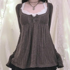 Aiertu  -  Women Vintage Solid Sweater Top Long Sleeve Button Front Knitted Babydoll Top 00S Retro Y2K Fairy Grunge Aesthetic Knitwear Aiertu