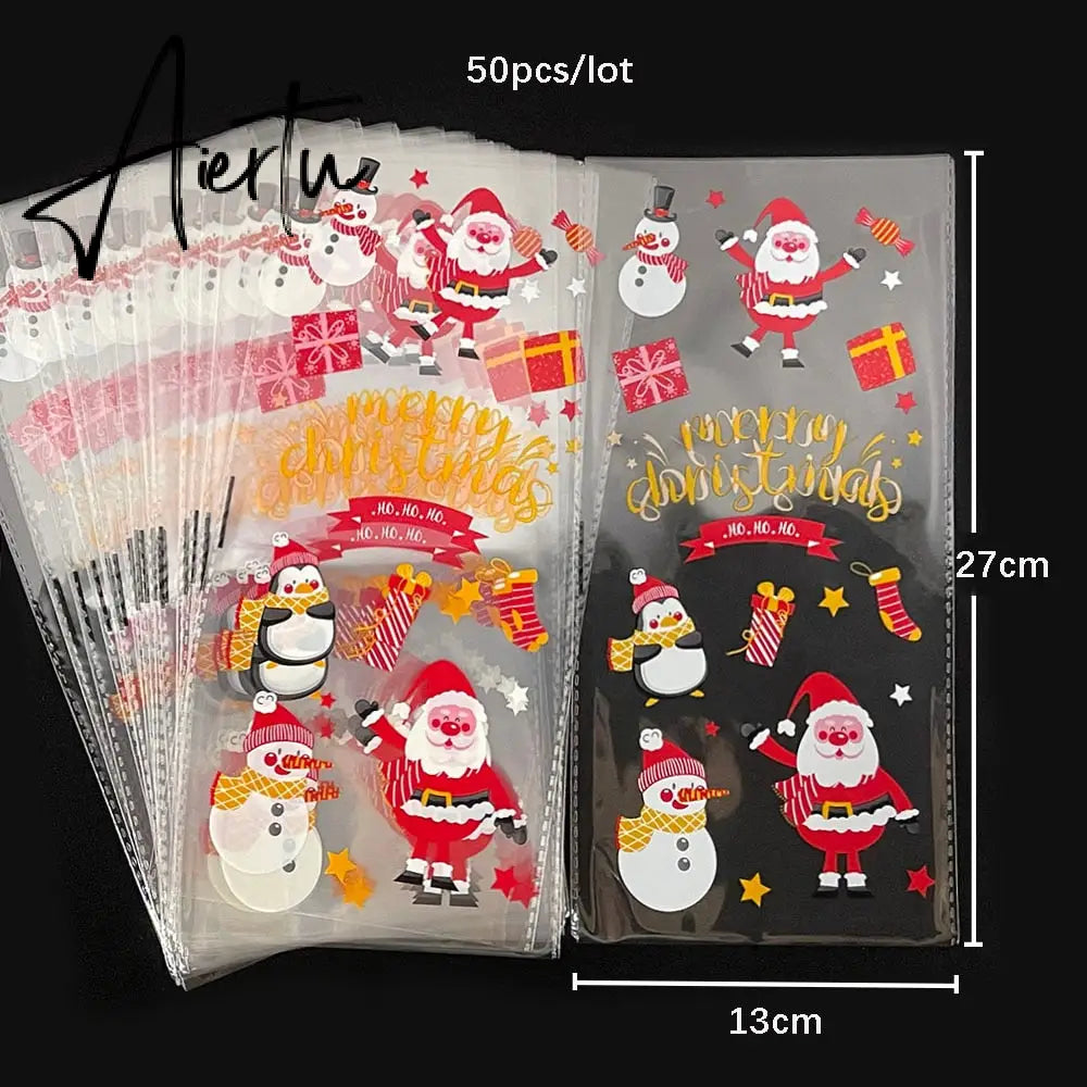 50Pcs Merry Christmas Plastic Bags Xmas Tree Biscuit Candy Bags for Kids Halloween Christmas Party Decoration Supplies Gift Bag Aiertu