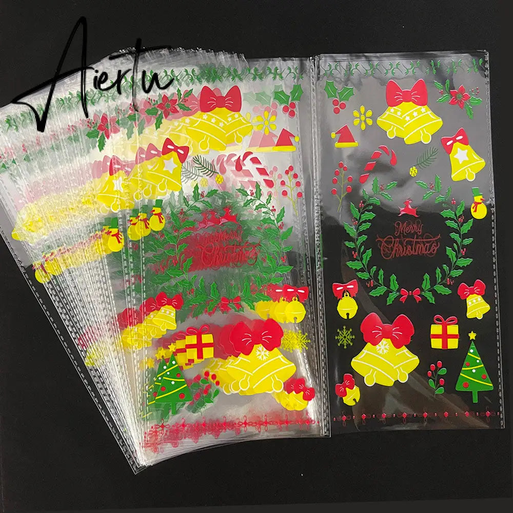 50Pcs Merry Christmas Plastic Bags Xmas Tree Biscuit Candy Bags for Kids Halloween Christmas Party Decoration Supplies Gift Bag Aiertu