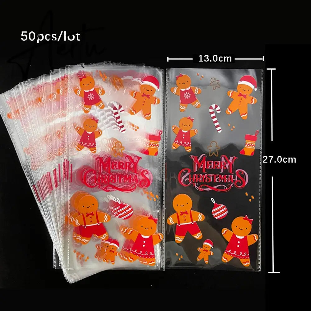 50Pcs Merry Christmas Plastic Bags Xmas Tree Biscuit Candy Bags for Kids Halloween Christmas Party Decoration Supplies Gift Bag Aiertu