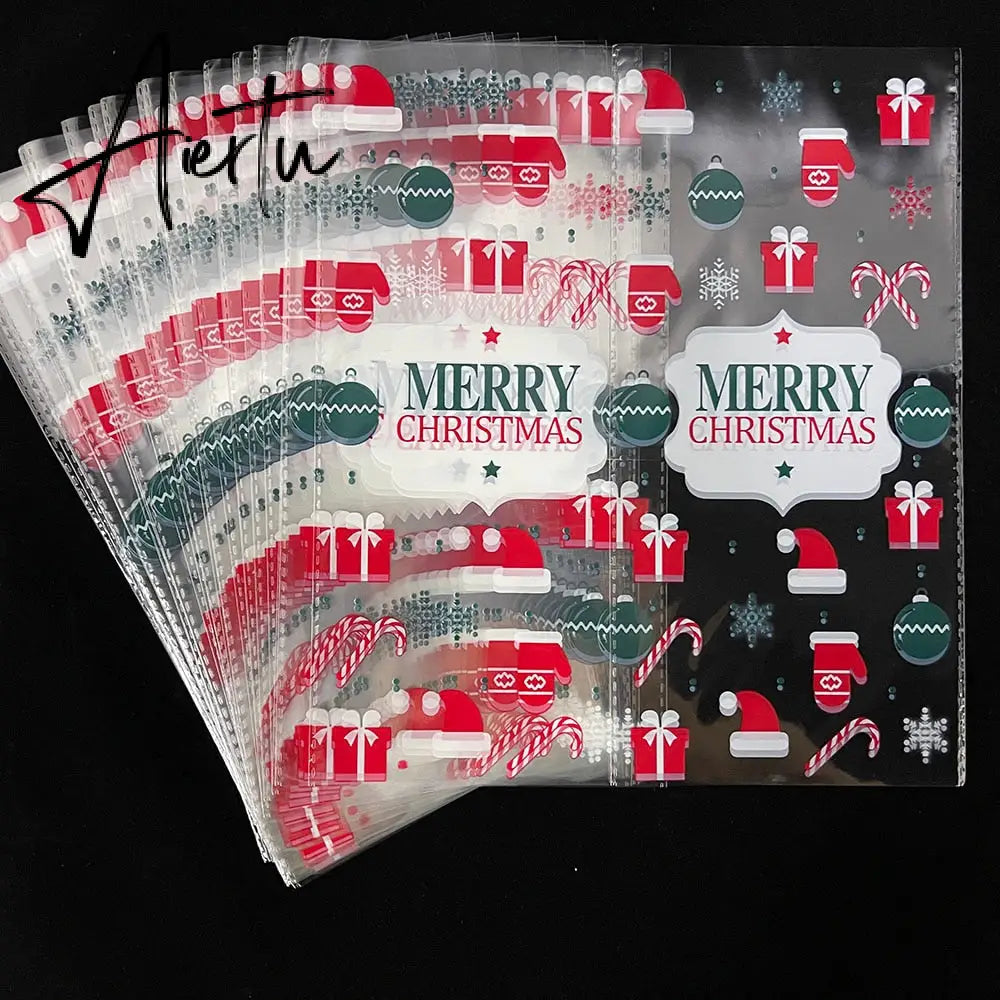 50Pcs Merry Christmas Plastic Bags Xmas Tree Biscuit Candy Bags for Kids Halloween Christmas Party Decoration Supplies Gift Bag Aiertu
