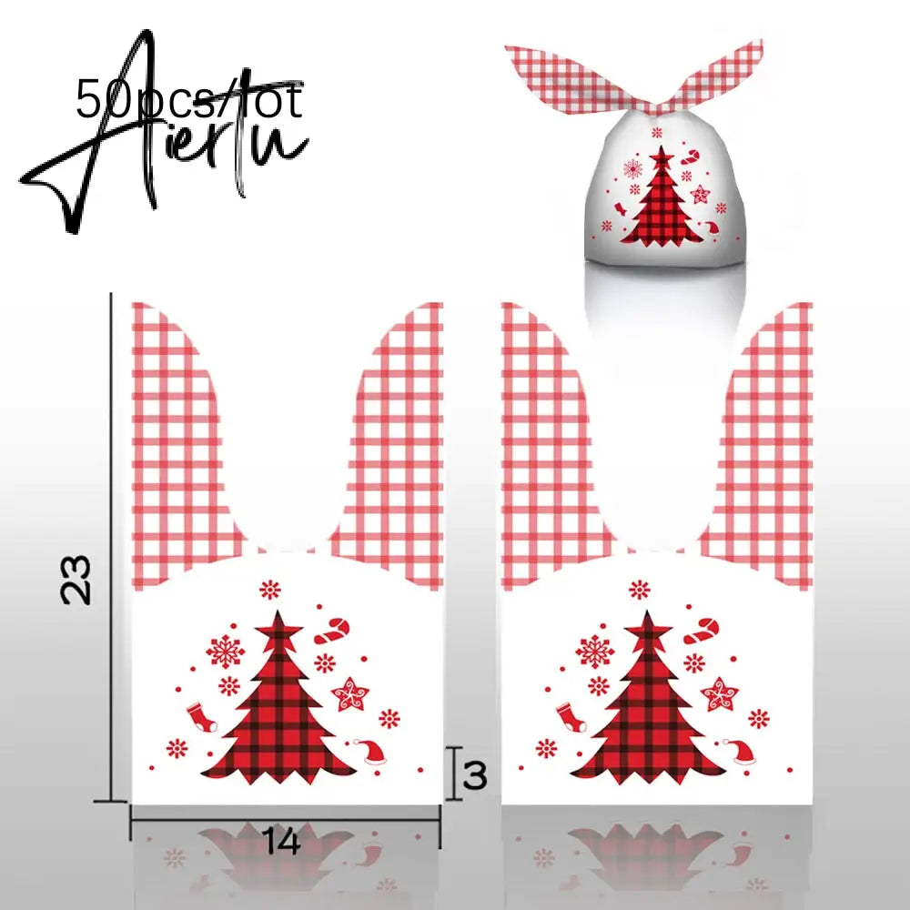 50Pcs Merry Christmas Plastic Bags Xmas Tree Biscuit Candy Bags for Kids Halloween Christmas Party Decoration Supplies Gift Bag Aiertu
