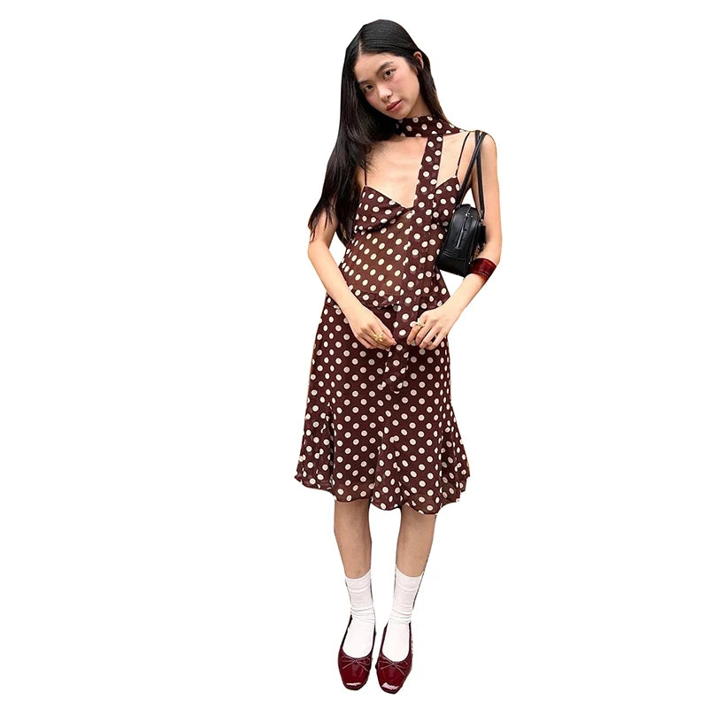 Aiertu  -  Elegant Sweet Polka Dot Print 3-Piece Set Women Scarf+v-Neck Camisole Tops+Skirts Leisure High Street Comfortable Suits Aiertu