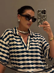 Aiertu  -  Stripe Pant Women's Suit Casual Laple Short Sleeve Tees Set Loose Waist Wide Leg Pants Female Set Summer Lady Street Outwears Aiertu