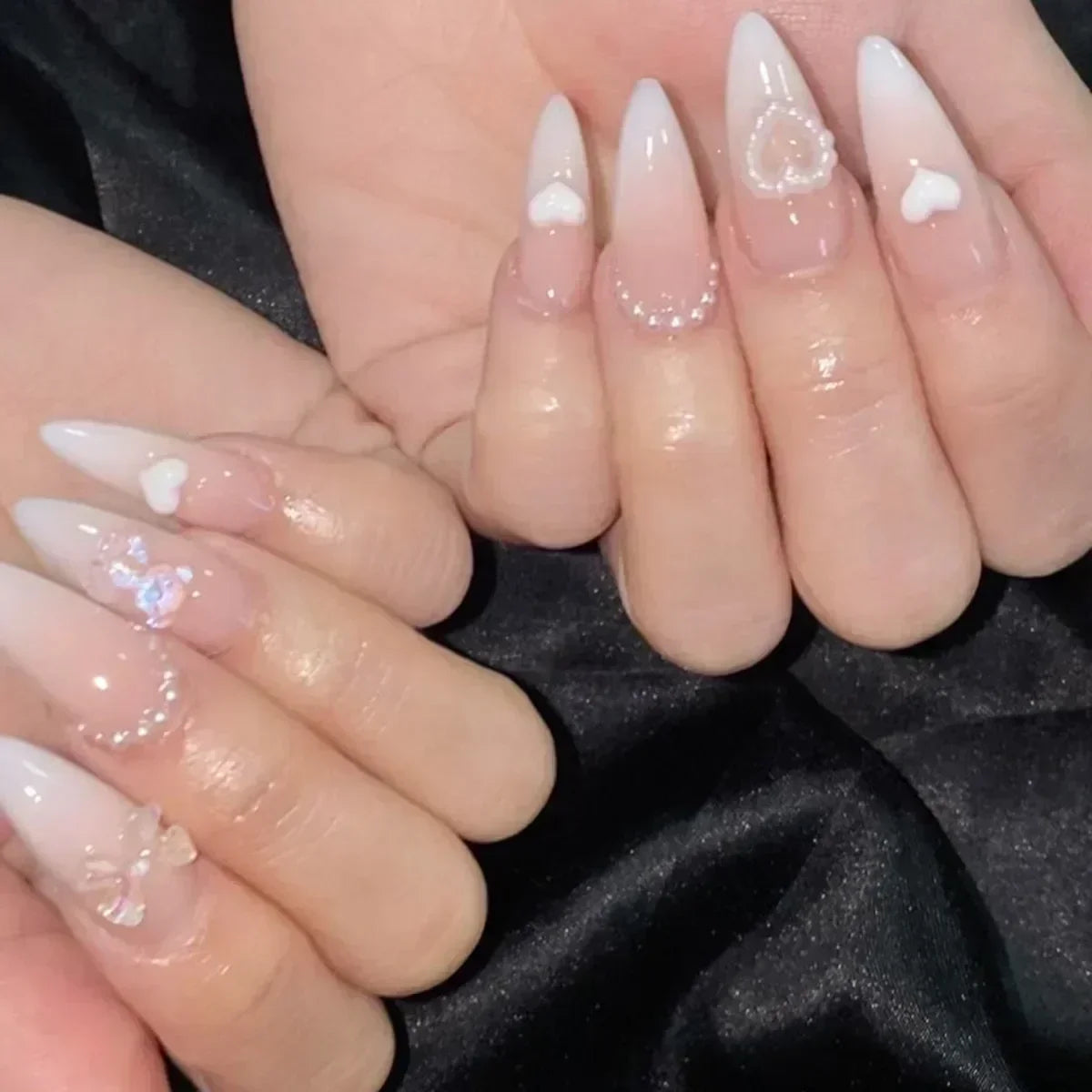 Aiertu 24Pcs Pink Almond French Press on Nails With 3D Bow ripple charms Design Fake Nails Ballerina False Nails Full Cover Nail Tips Aiertu