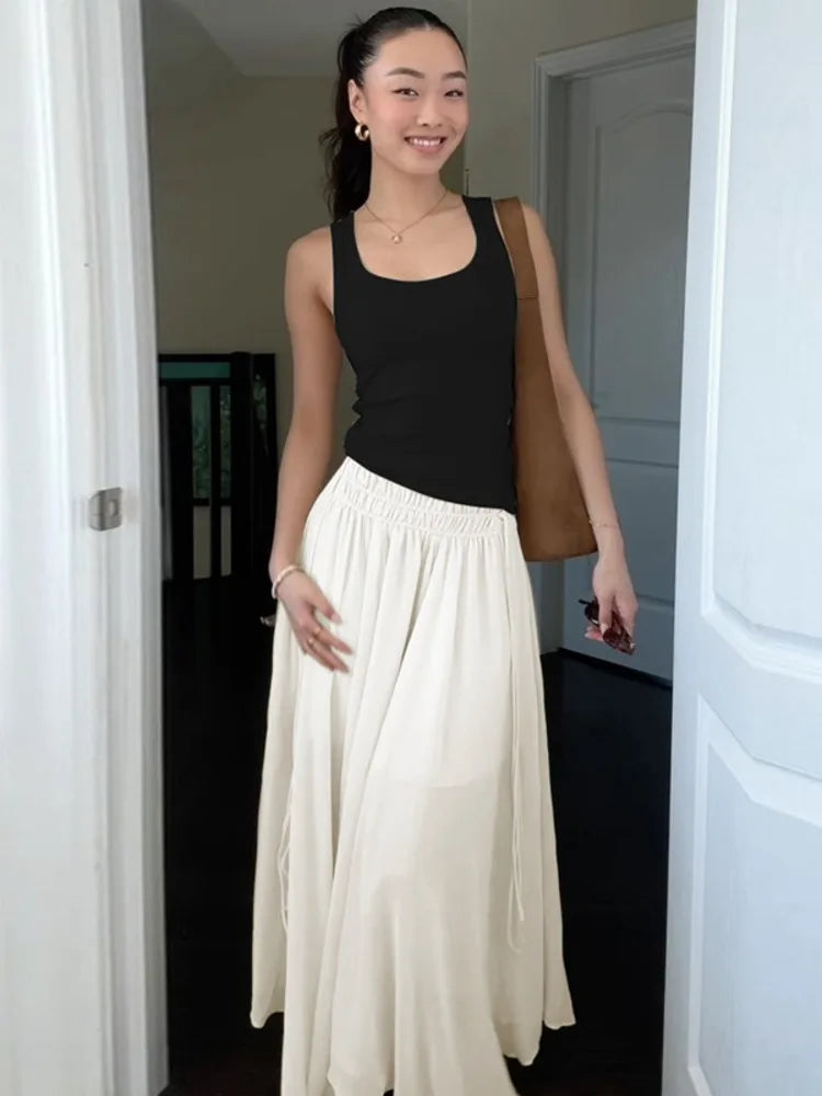 Aiertu  -  Slim Drawstring Pleated Long Skirt For Women Elastic Waist Solid Color High Waist Fashion Patchwork Female Long Skirt Aiertu