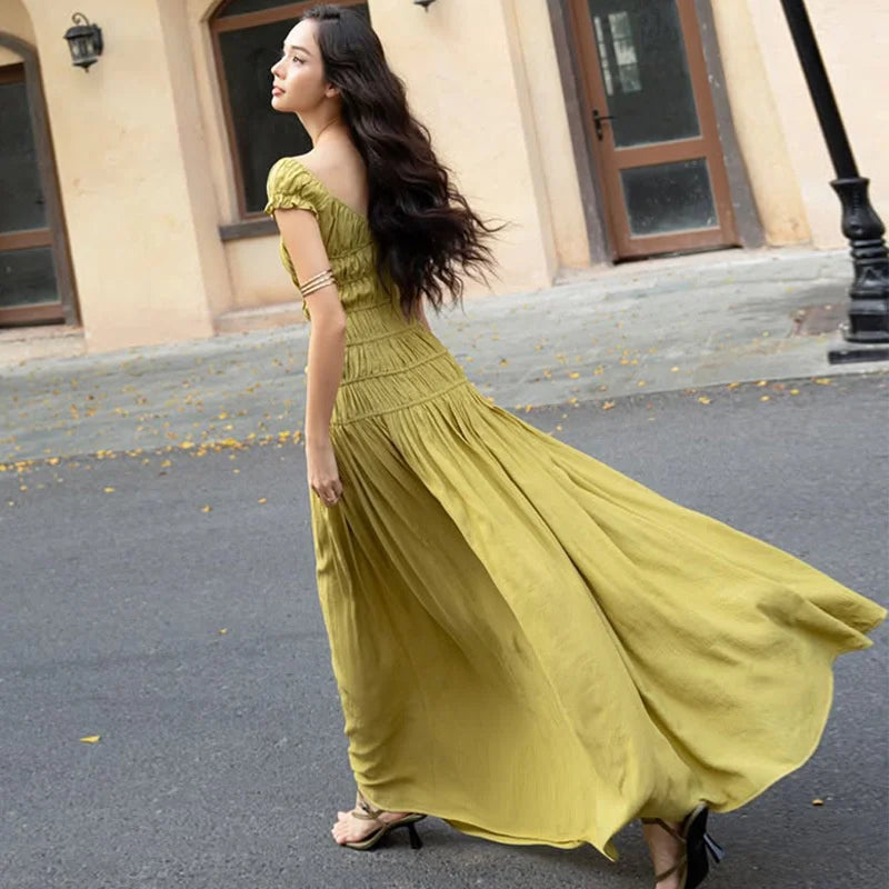 Aiertu  -  Sexy Deep V-neck Pleated Maxi Dress For Women Elegant Fashion Backless Slim Fit Solid Color Sexy Holiday Birthday Dress Aiertu