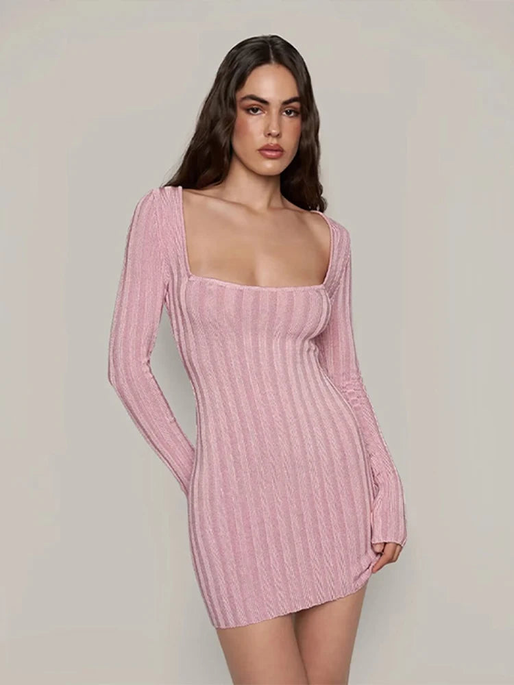 Aiertu  -  Knitted Square Collar Women Dresses Long Sleeve Hip Package Lady Dress 2026 Fashion Elegant Sexy High Waist Slim Lady Mini Robe Aiertu