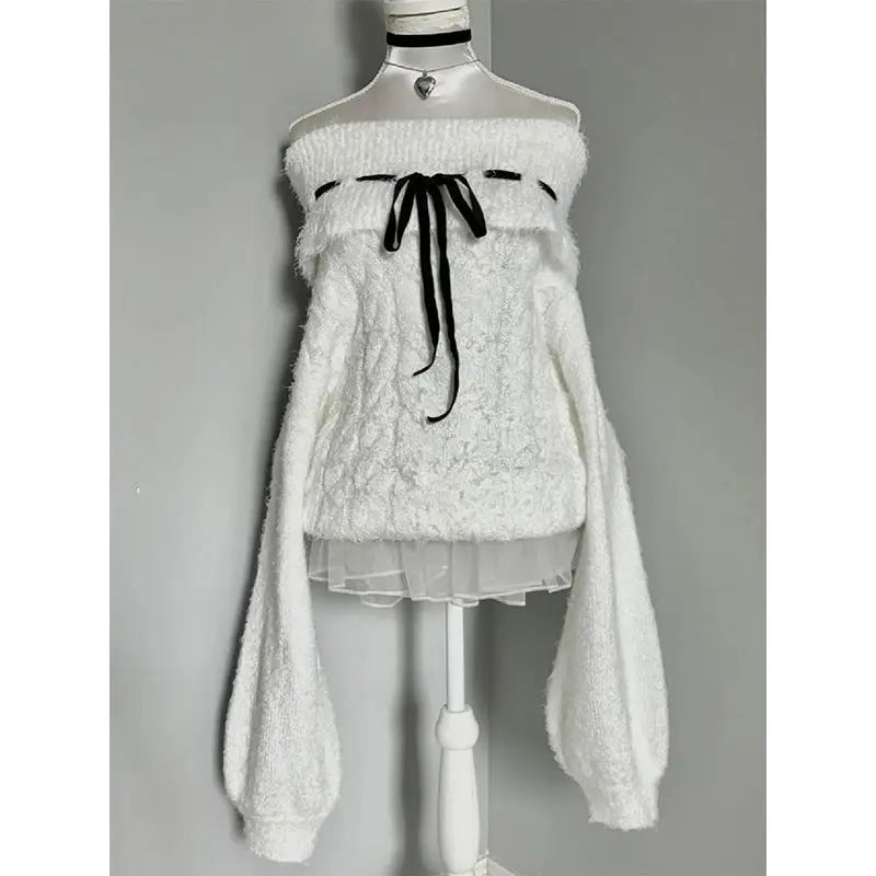Aiertu  -  Y2k Aesthetic Bandage Lolita Sweater Women Slash Neck  Off Shlouder Twist Grunge Pullover Autumn Vintage Fairy Knitted Jumpers Aiertu