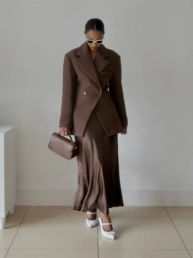 Aiertu  -  Casual Brown Lapel With Pocket Jacket Woman Fashion Cuff Buttons Long Sleeve Blazer Coat 2026 Lady Autumn High Street Outwear Aiertu