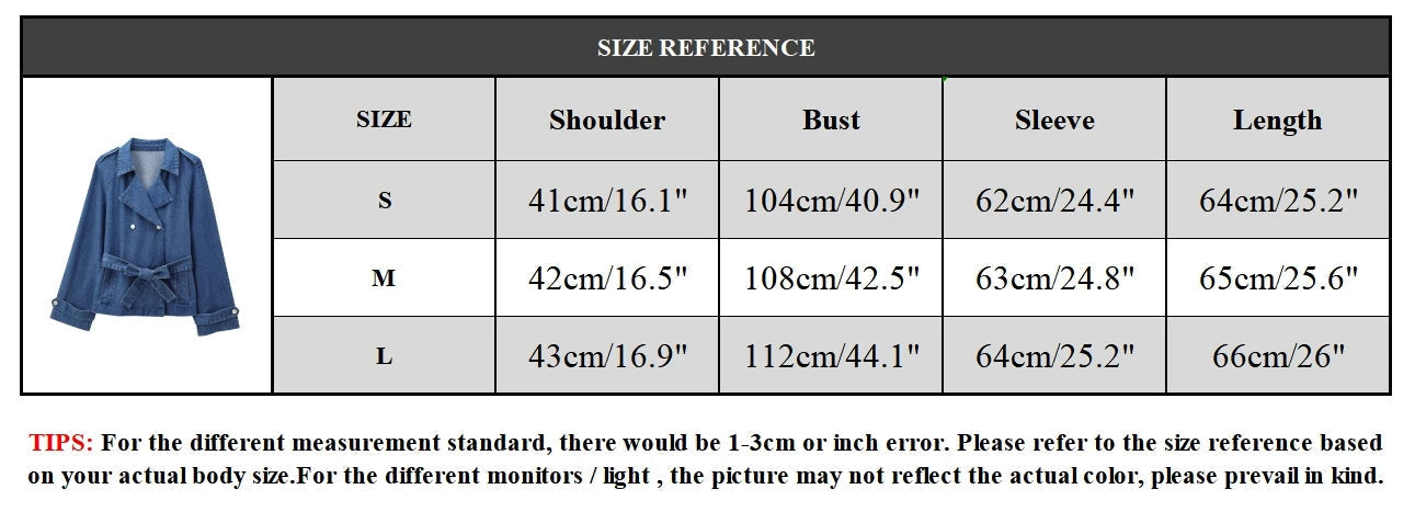 Aiertu  Women Fashion With Belt Denim Solid Double Breasted Jackets Vintage Lapel Neck Long Sleeves Female Chic Lady Outfits Aiertu