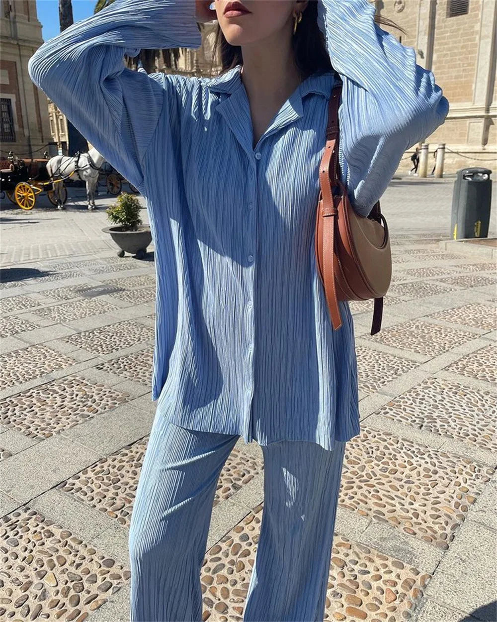 Aiertu  -  Causal Commuter Ladies Long Top Pants Set Streetwear Shirt Suit Big Wig Trousers Loose Two-piece Set Women Suit Festival Outfit Aiertu