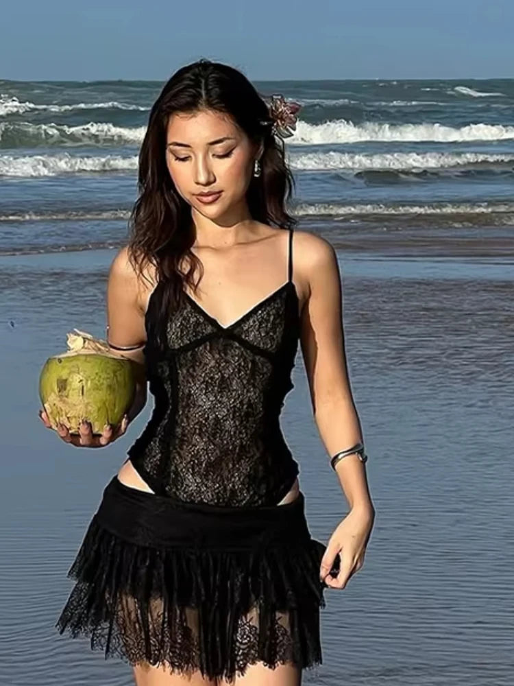 Aiertu  -  Sexy Lace Two-Piece Set Women See Through Sleeveless Bodysuit+Patchwork Mini Skirt Midnight Beach Party Matching Suit Aiertu