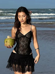 Aiertu  -  Sexy Lace Two-Piece Set Women See Through Sleeveless Bodysuit+Patchwork Mini Skirt Midnight Beach Party Matching Suit Aiertu