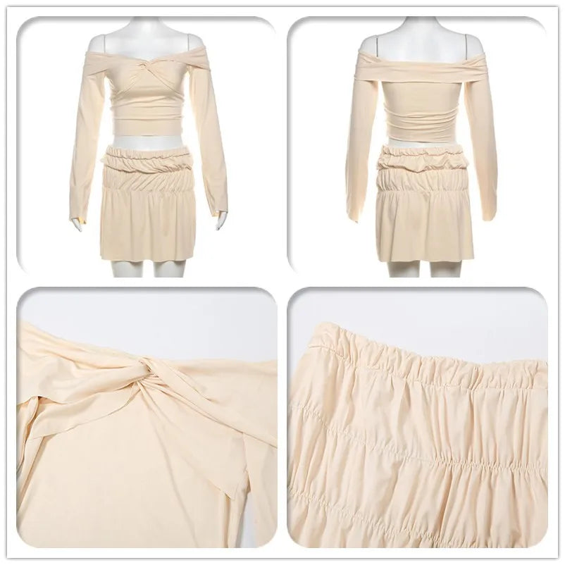 Aiertu  -  Neck Sexy Two Piece Set Long Sleeves Crop Top Mini Skirt Women Set Party Summer Autumn  2 Piece Set Women Aiertu