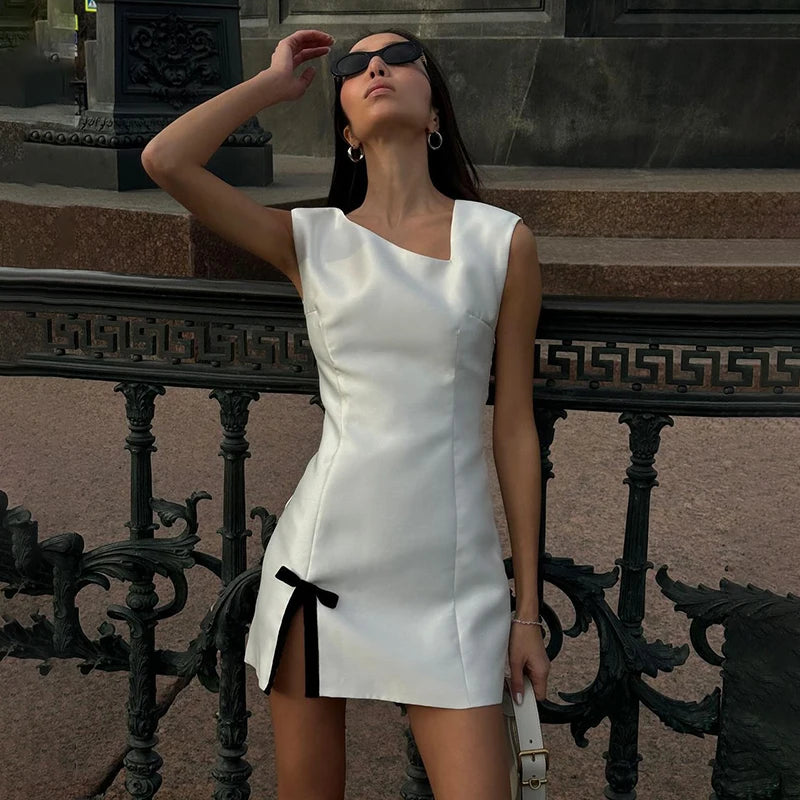 Aiertu  -  New Satin Tank Dress For Women Skew Collar Fashion Bow Split Elegant Evening Party Short Dress Sleeveless Bodycon Outfits Aiertu