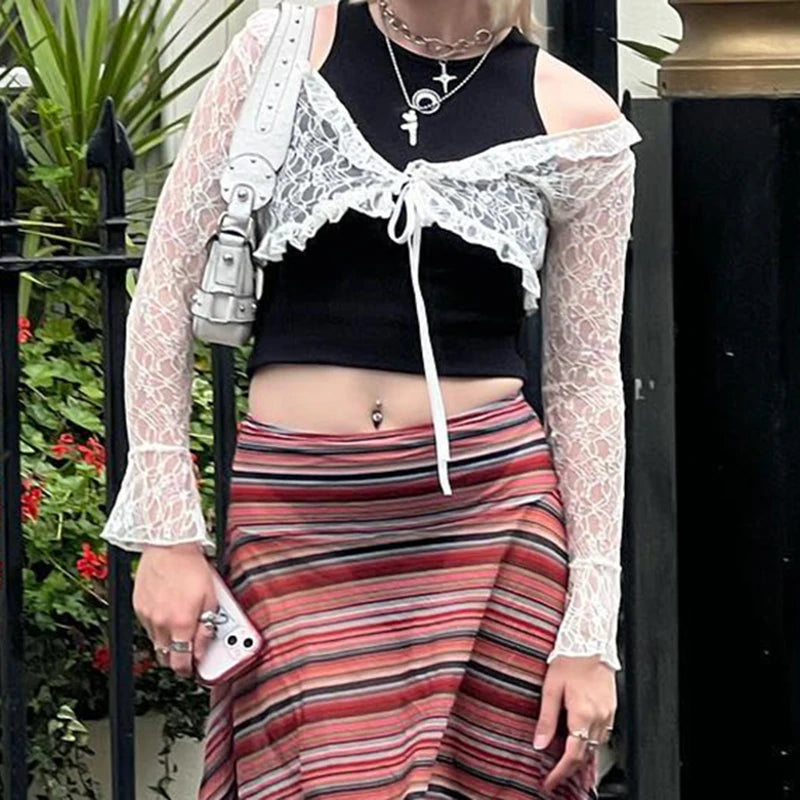 Aiertu  -  party look snspos Lace Transparent Lace-up Cardigan Women Y2K Spring Casual Long Sleeve Cropped Top Aesthetic Chic Vintage Cute Tee Aiertu