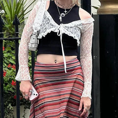Aiertu  -  party look snspos Lace Transparent Lace-up Cardigan Women Y2K Spring Casual Long Sleeve Cropped Top Aesthetic Chic Vintage Cute Tee Aiertu