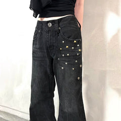 Aiertu  -  Grunge Aesthetic Flare Jeans Rivet Detail Y2K Fashion Retro Loose Fit Denim Pants High Street Punk Trousers Spring Aiertu