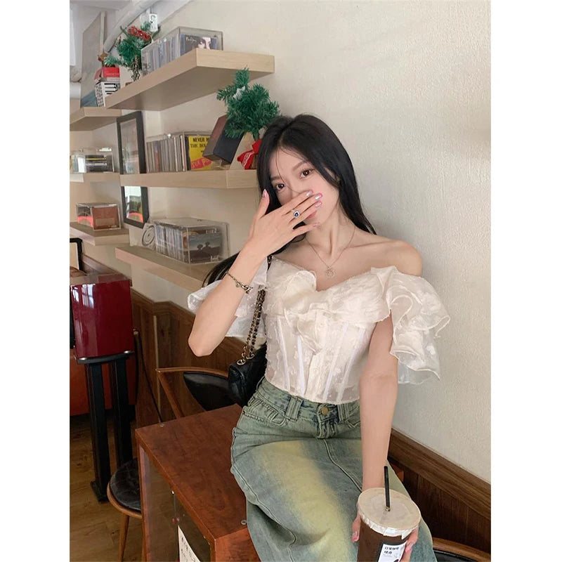 Aiertu Cropped Slash Neck Shirts Women Fashion Black Sexy Off Shoulder Blouses Summer Korean Office Ladies Elegant Slim Crop Tops Aiertu