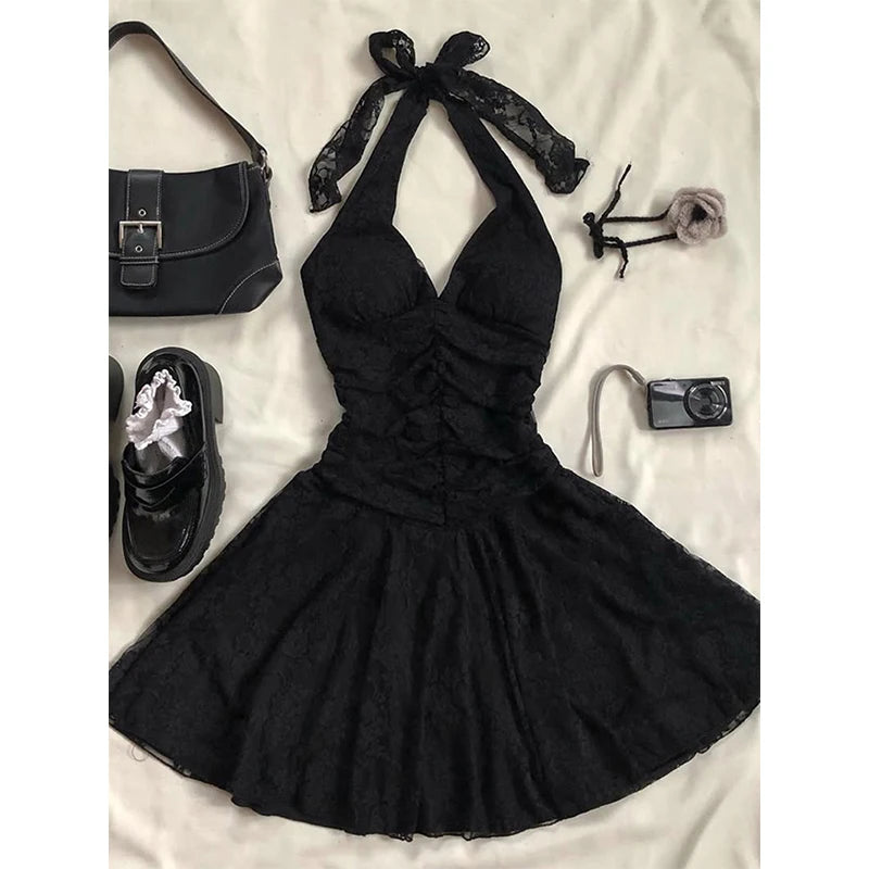 Aiertu  -  Vintage Black Mini Dress Women Party Sexy Halter Lace Dresses Korean Folds Backless Sundress Summer Bodycon Vestidos New Aiertu