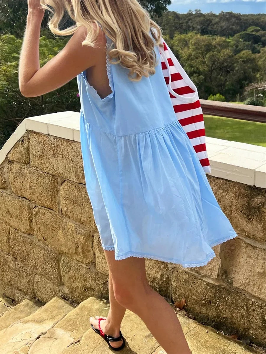 Aiertu  -  Women s Sleeveless Floral Print Mini Dress with Deep V Neckline and Eyelet Detailing - Perfect for Summer Beach Days Aiertu