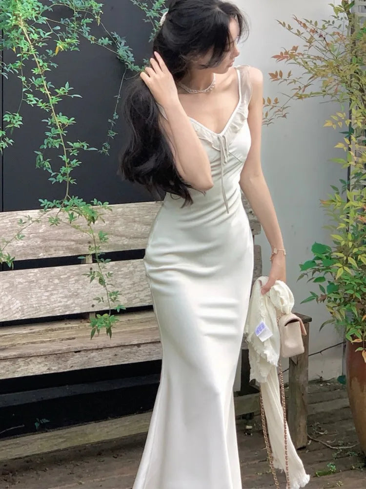 Aiertu  -  Spaghetti Strap White Satin Long Dresses for Women Summer New Elegant Party Sweet Sleeveless Female Holiday Casual Clothing Aiertu